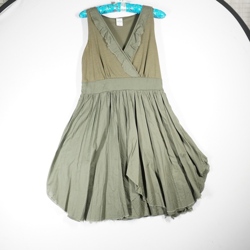 Lili & Q Fit and Flare Dress M Olive Green Ruffle Raw Hem Boho Ren Fair Fairy